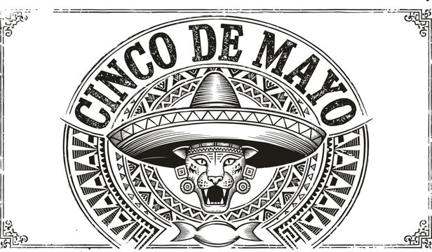Vintage Cinco de Mayo emblem with Aztec jaguar warrior wearing a traditional sombrero hat inside a circular geometric frame