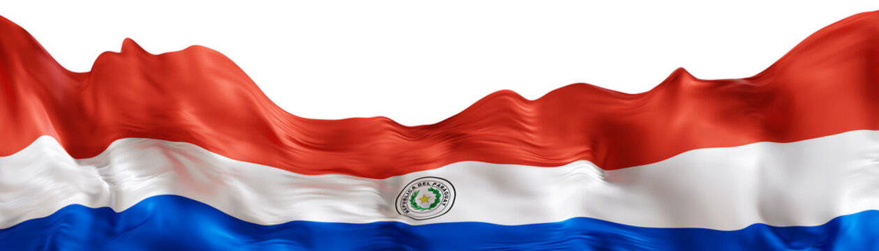 This flag of Paraguay features three horizontal stripes in red, white, and blue. It shows the national emblem in the center. The flag is suitable for educational and design needs
