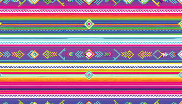 Mexican serape seamless pattern background featuring vibrant colorful stripes and geometric tribal ornaments for traditional fiesta textile and fabric designs