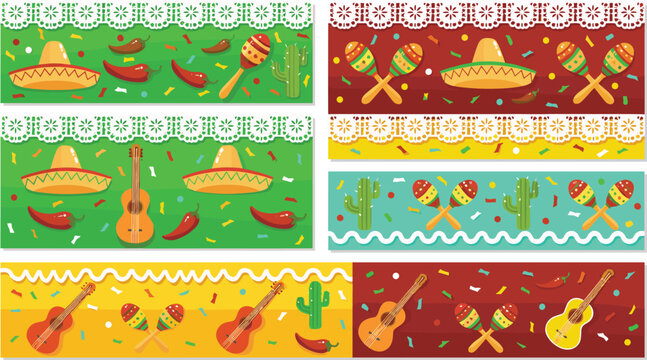 Mexican fiesta seamless ribbon borders set featuring sombreros maracas guitars cactus chili peppers and traditional lace details for Cinco de Mayo decorations
