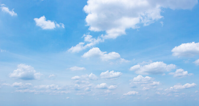 Beautiful bright blue sky filled with white cumulus clouds on a clear sunny day for natural background and abstract wallpaper