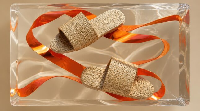 Woven raffia sandals suspended within a liquid clear resin block with flowing orange ribbon accents, a cinematic widescreen composition showcasing summer fashion accessories in a modern art display.
