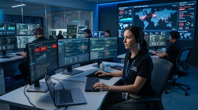 A cyber defense team monitors security screens and threat data in a dimly lit control room.
