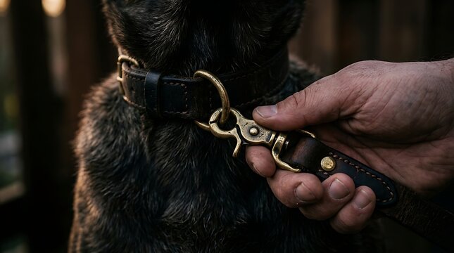 Close up of a hand attaching a leather leash to a dog collar