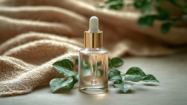 Golden dropper bottle, natural backdrop