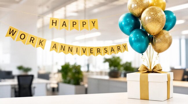 ""Happy Work Anniversary"" Banner with Gift and Balloons