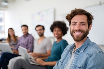 Fototapeta premium Portrait of a confident young businessman smiling at the camera. Diverse team of colleagues in the background during a meeting in a modern office