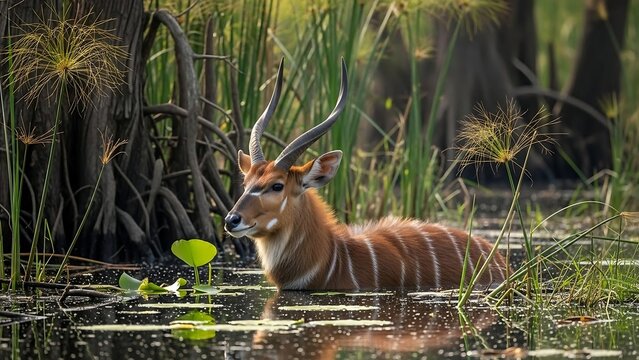 Sitatunga antelope wading through marshland swamp water