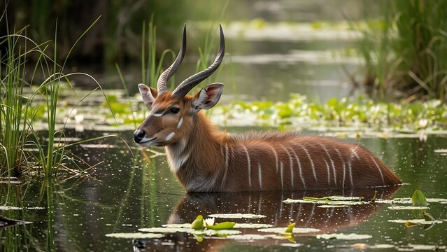 Male sitatunga antelope wading through a swampy wetland