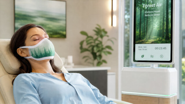Medical patient wearing aroma mask for stress reduction with digitized forest air in a healthcare clinic
