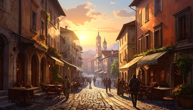 A sunlit, cobblestone street scene in a European town, with buildings, people, and a church spire in the distance, bathed in golden light