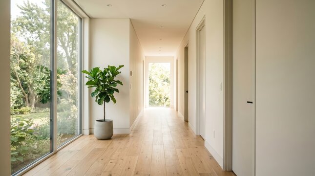 Bright corridor with floor to ceiling window and potted fiddle leaf fig beside wooden floor leading to garden view in home interior