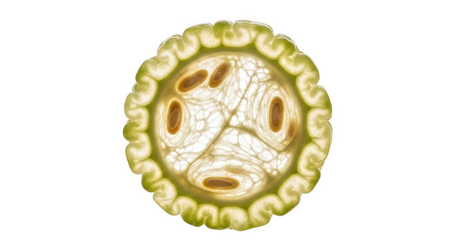 A cross-section view of a sliced bitter melon showing its textured green rind, white fibrous pulp, and central brown oval seeds on black