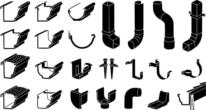 Set of roof gutter system components and drainage parts for building construction and maintenance