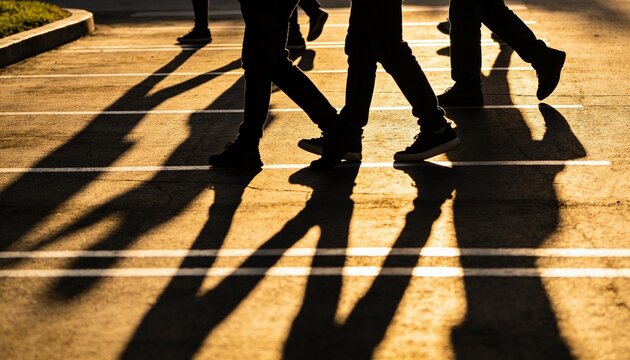 Walking pant legs and shoes crossing white lines on asphalt at golden hour, casting long shadows