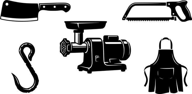 Butcher shop equipment icon set featuring a meat grinder, cleaver, handsaw, metal hook and an apron isolated on white background.