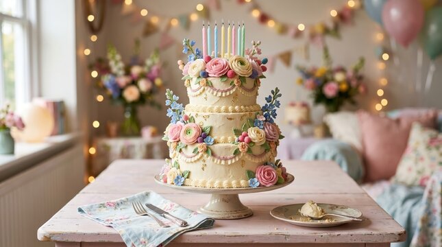 Two tier celebration cake with pastel floral piping and candles on small table in softly lit party room with bokeh lights