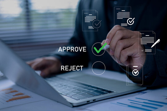 Document approval and business review concept with digital approve or reject process, checklist validation, workflow management, compliance, quality control, and decision making.