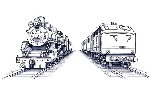 Vintage Steam Locomotive and Modern Train Facing Each Other on Rails