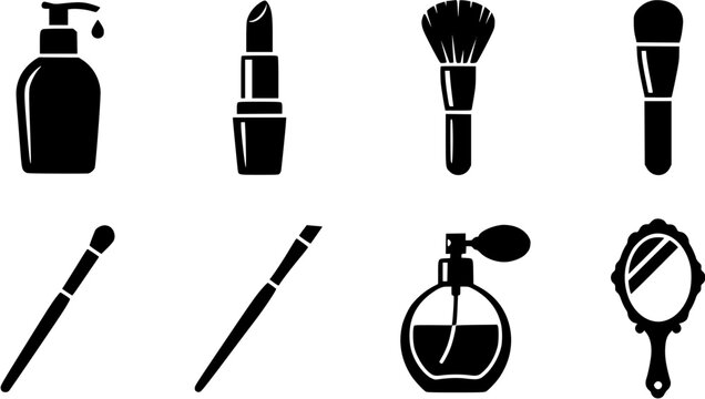 Set of beauty and makeup icons including cosmetics, skincare products, and accessories in flat black silhouette style
