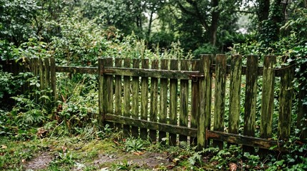 Fototapeta premium Weathered wooden garden gate leaning among overgrown vegetation and mossy undergrowth in shaded woodland boundary