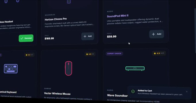 Add to cart online shop animation showing product selection and checkout interface on dark tech screen