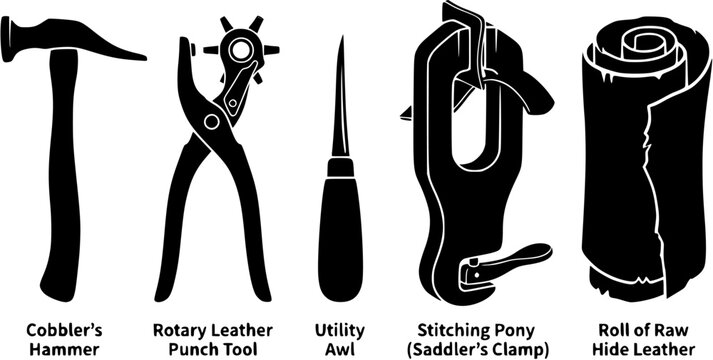 Set of leatherworking tools and materials including cobbler hammer, rotary punch, awl, stitching pony and leather roll