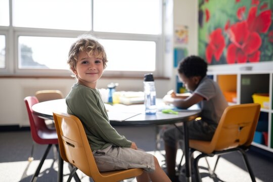 The child smiling at a classroom table while a classmate studies nearby in sunlight