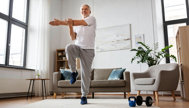 Doing balance stretch, senior man wearing exercise clothes raising arms in living room, kettlebell