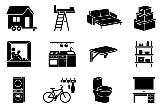 Tiny home essential icons: furniture, appliances, and storage solutions.