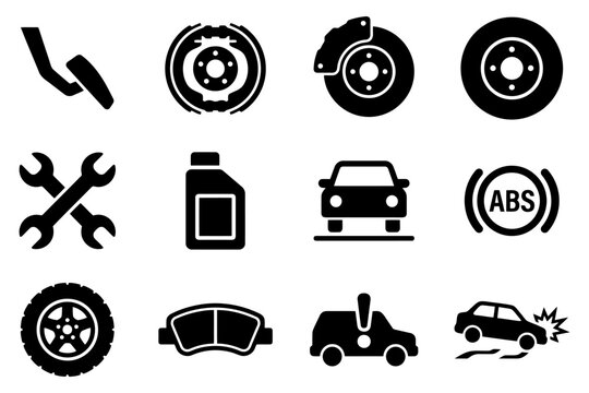 Automotive icons: brake system, tools, oil, car, abs, tire, warning.