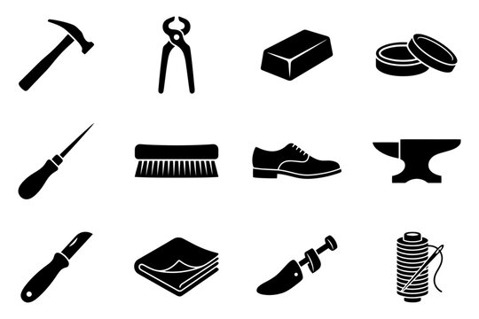 Set of blacksmithing tools including hammer anvil tongs file brush and more icons.