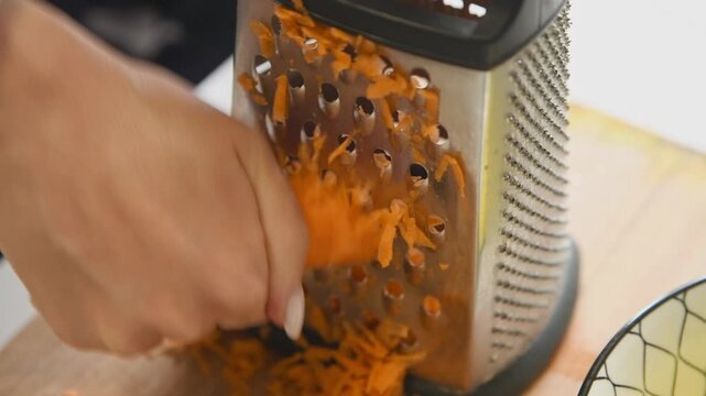 Hand grating orange vegetable with metallic box grater on wooden cutting board in kitchen setting
