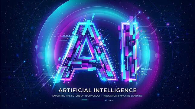Artificial intelligence typography glows with vibrant neon colors as a futuristic representation of modern machine learning systems.