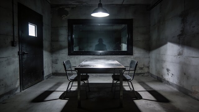 Dark interrogation room featuring a metallic table with two chairs under a single bright overhead light inside a gritty prison cell with a mysterious silhouette shadow