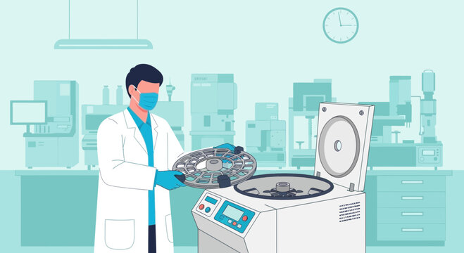 Scientist loading centrifuge in modern laboratory with medical equipment
