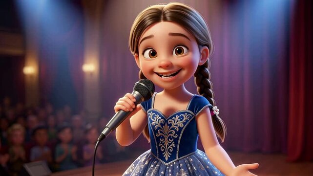 Young girl with braided hair in blue dress sings joyfully into microphone on stage, audience clapping in a theater with warm lighting and red curtains