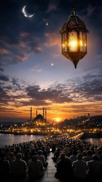 A vibrant Muslim Islamic holiday, faithful people gathered for evening prayer, illuminated by a traditional lantern, under a crescent moon, city lights glowing