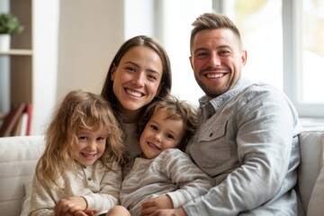 Obraz premium The Family Relaxing Together on Couch Smiling at Camera in Cozy Living Room Natural Light