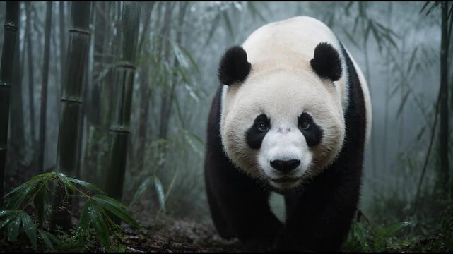 A giant panda walks slowly through a dense mist shrouded bamboo forest with its fur glistening under the soft light. This cinematic shot captures the majestic bear in its natural habitat.