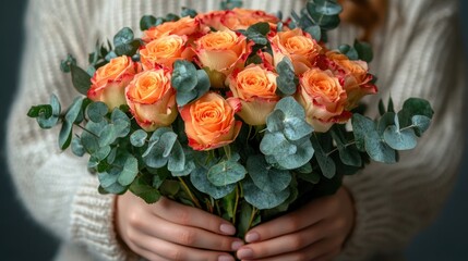 Obraz premium Soft hands hold a bouquet of peach roses and eucalyptus