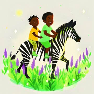 Mia & Jon's Magic Ride - Children Riding Zebra Through Flower Field, Children's Watercolor Illustration
