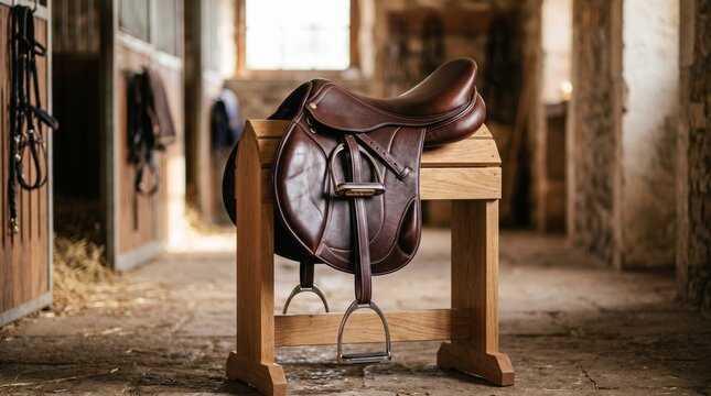 Premium leather horse saddle displayed on stand inside rustic stable
