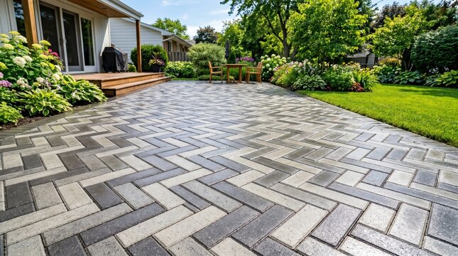Interlocking brick patio wet after rain leading from house into backyard garden with lawn and shrubs perspective view