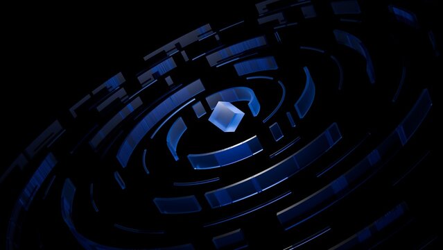 Abstract 3D dark blue technology circular background. Futuristic data network processing grid with glossy glass particles on black backdrop, perfect for cyber security and quantum tech banner