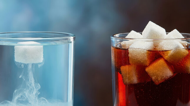 Sugar cube dissolving in clear water and sugar cubes in dark soda illustrating normal blood sugar vs insulin resistance concept