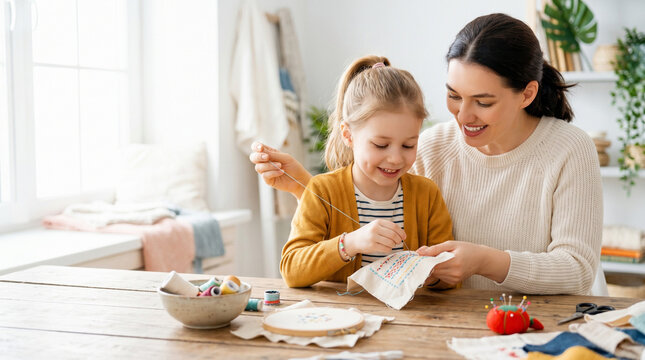 Mother teaching daughter hand sewing