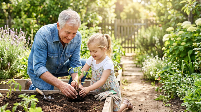 Grandfather showing child how to plant in garden