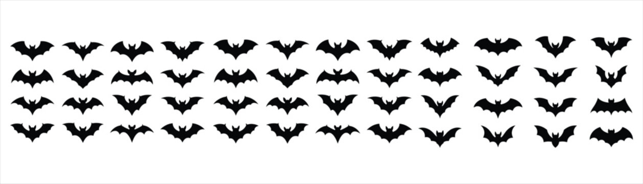Large Halloween spooky bat silhouettes collection with black flying vampire bats for horror party decoration and scary backdrop vector set