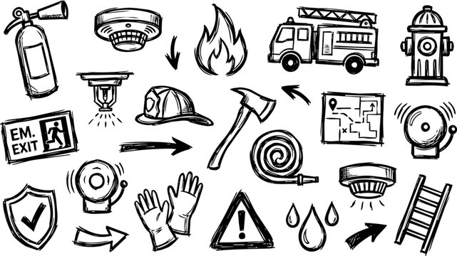 Fire safety prevention scribble icon set